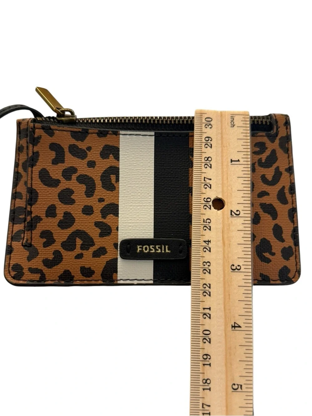 Fossil Leopard Black White Stripe Zip Card Holder Gold Keyring